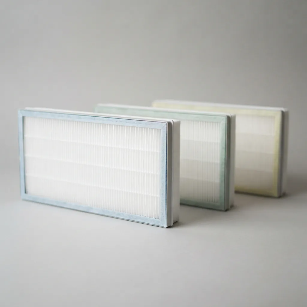 Three replacement air filter cartridges lined up with distinctly colored edge layers on a light surface