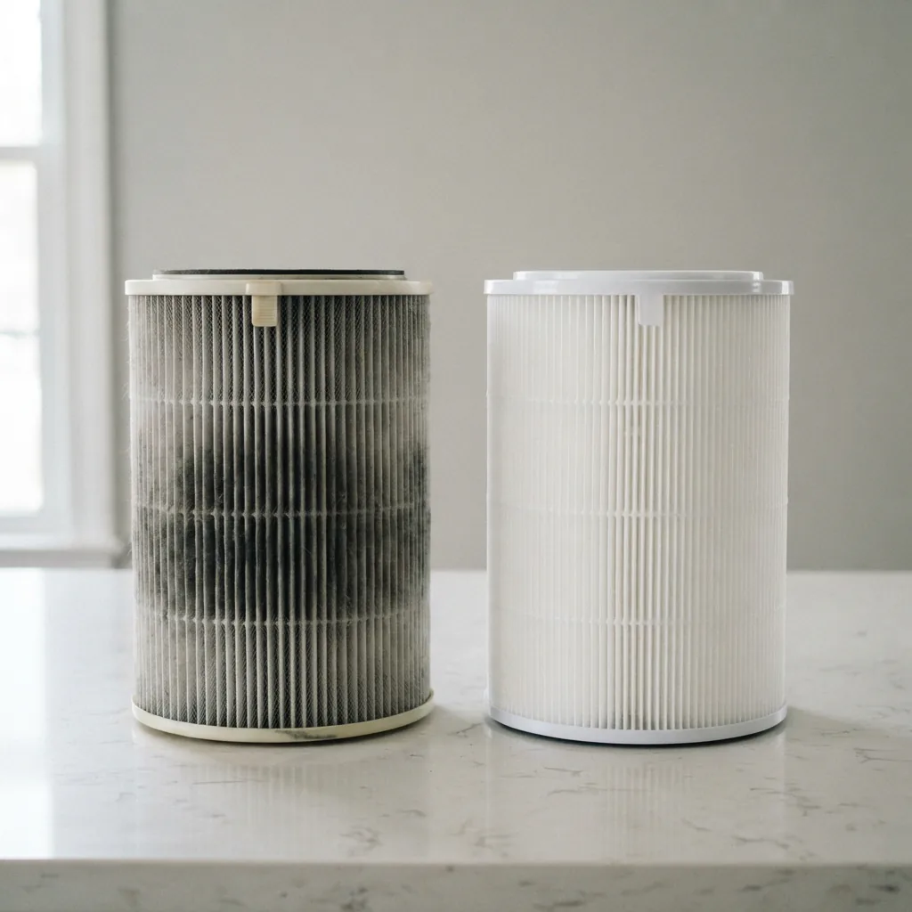 A used grayed filter cartridge placed beside a bright white unused replacement filter on a countertop