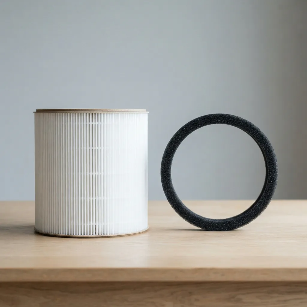 White pleated HEPA cylinder placed beside a black activated carbon ring on a light table