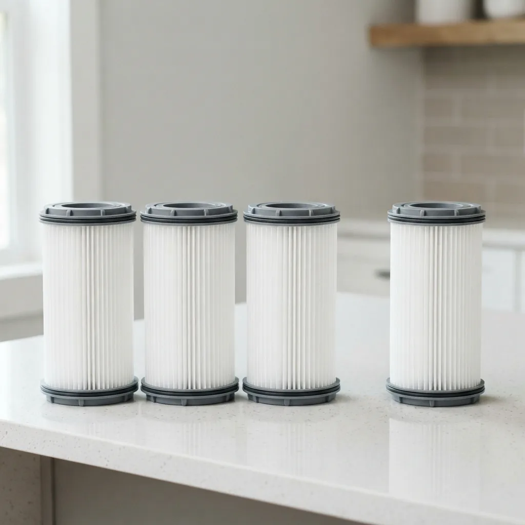 Three identical white pleated filters lined up beside one single filter on a light counter