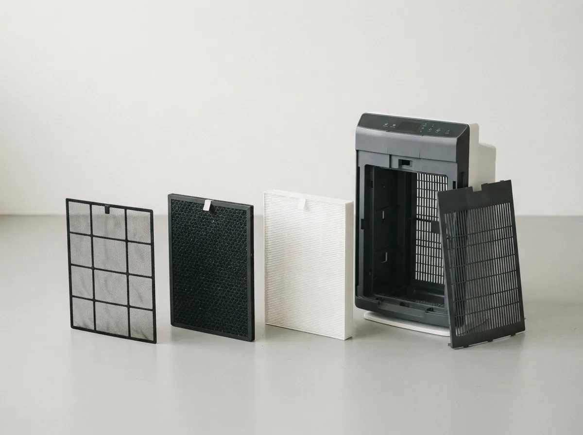 The Winix 5300-2 air purifier shown beside its separate pre-filter, carbon filter and True HEPA filter laid out in a row