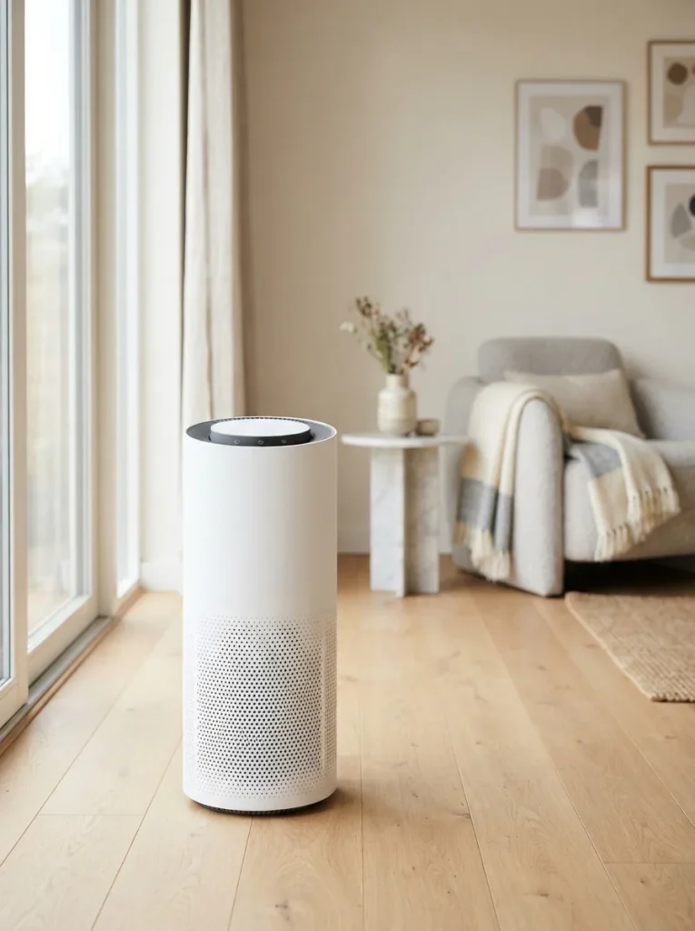 Winix tower air purifier in a bright modern living room