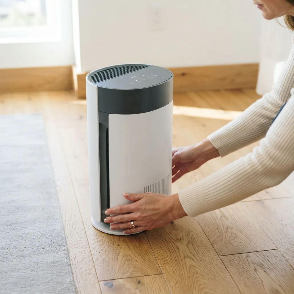 Hands placing the Winix T810 on a hardwood floor with clearance around it.