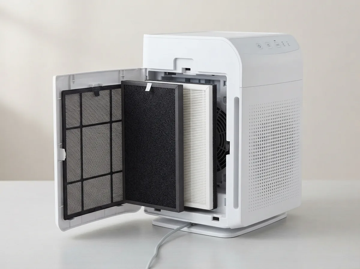Winix A231 air purifier with rear filter cover open showing stacked filters