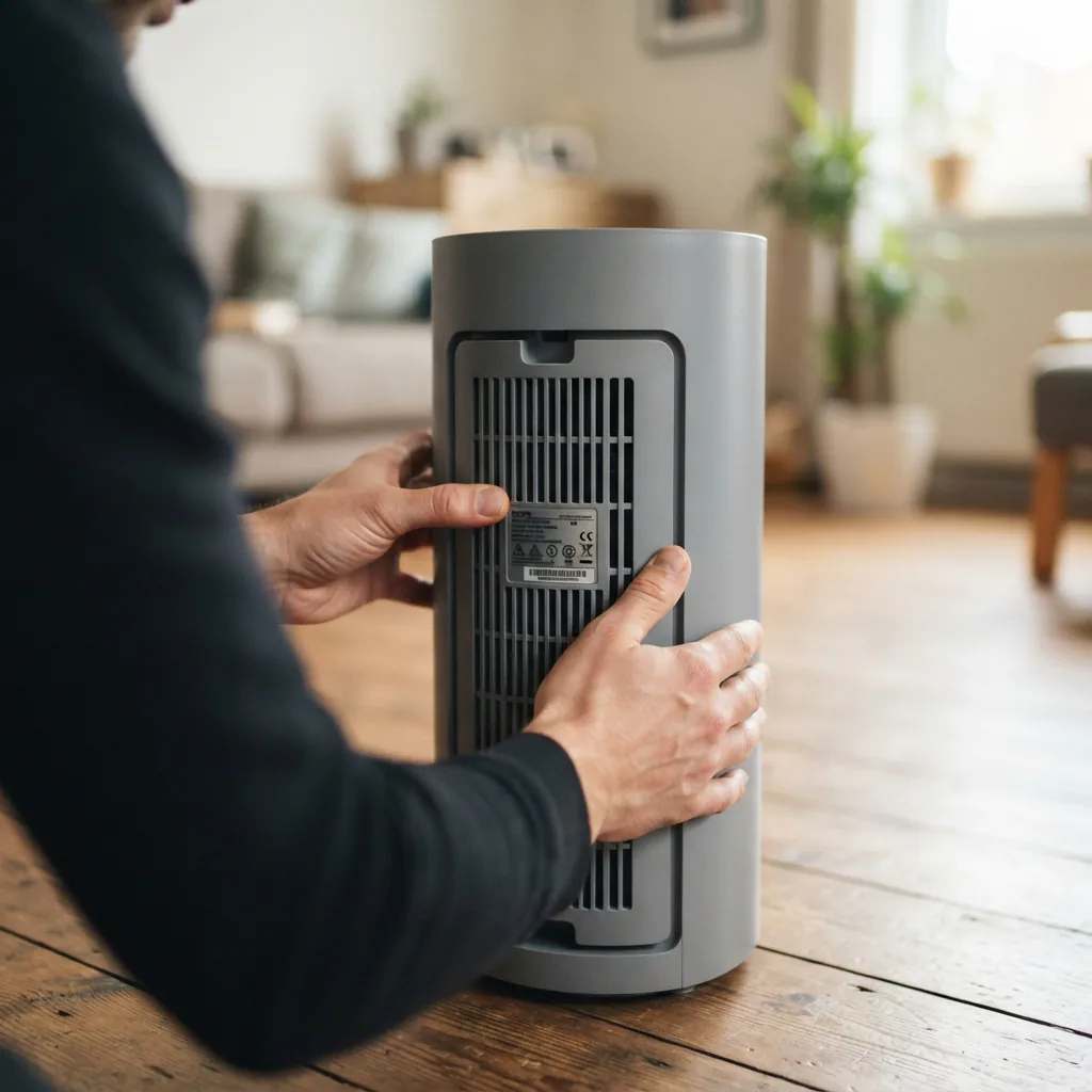 Adult hands turning a grey tower air purifier to check the label on its back panel