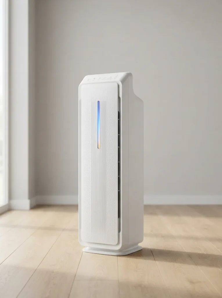 Winix C545 air purifier standing on a light oak floor in a bright modern living room