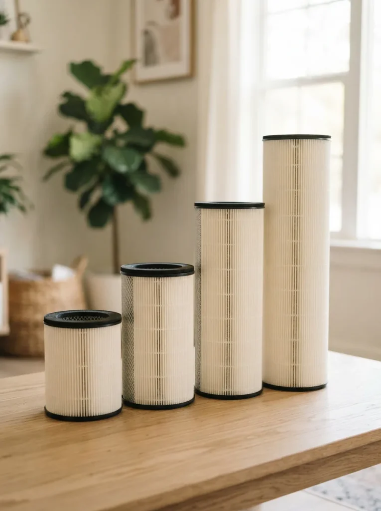 Assortment of cylindrical Winix replacement air purifier filters arranged on a light table