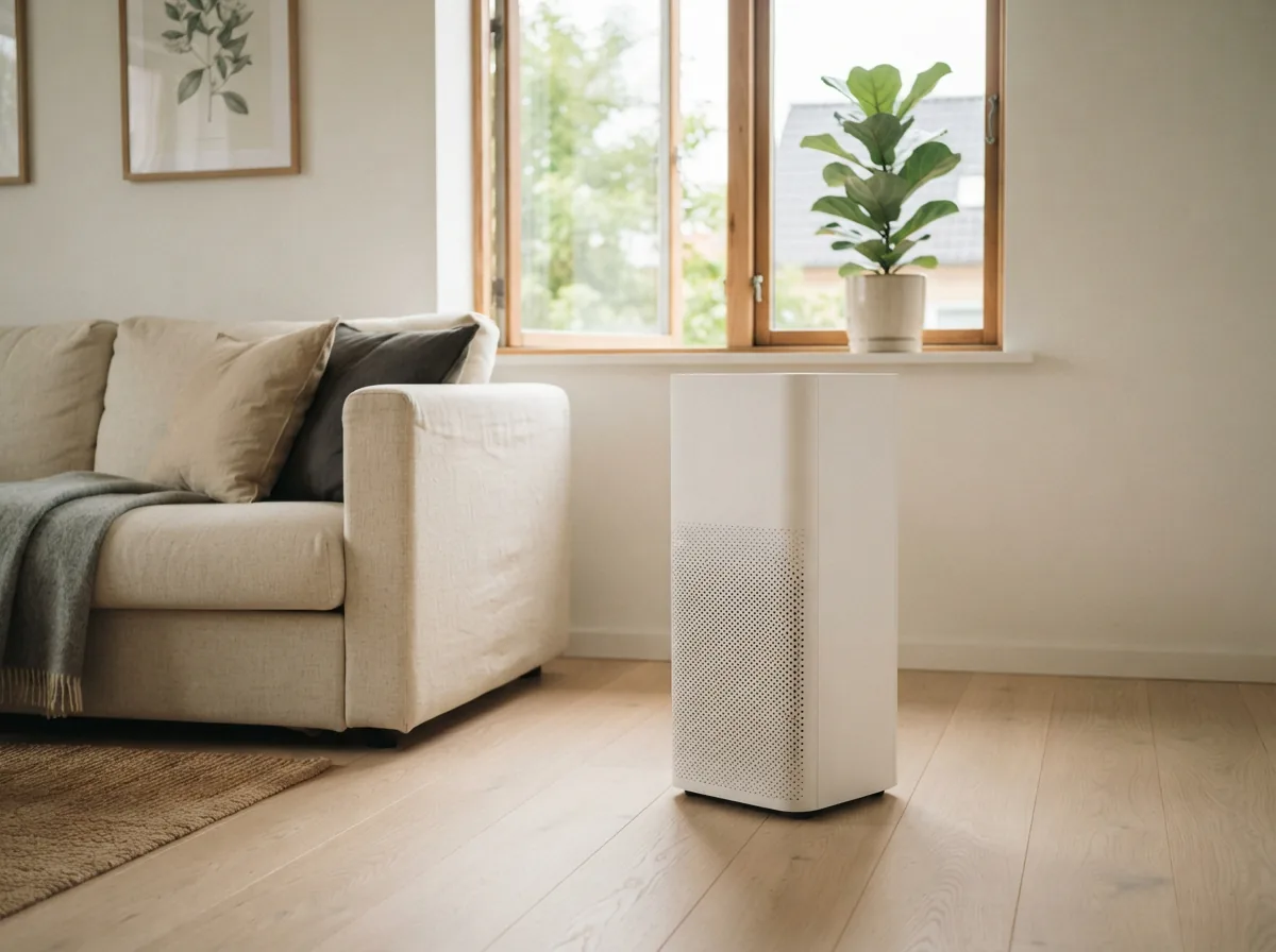 A white Winix air purifier standing beside a sofa in a sunlit living room with plants and an open window