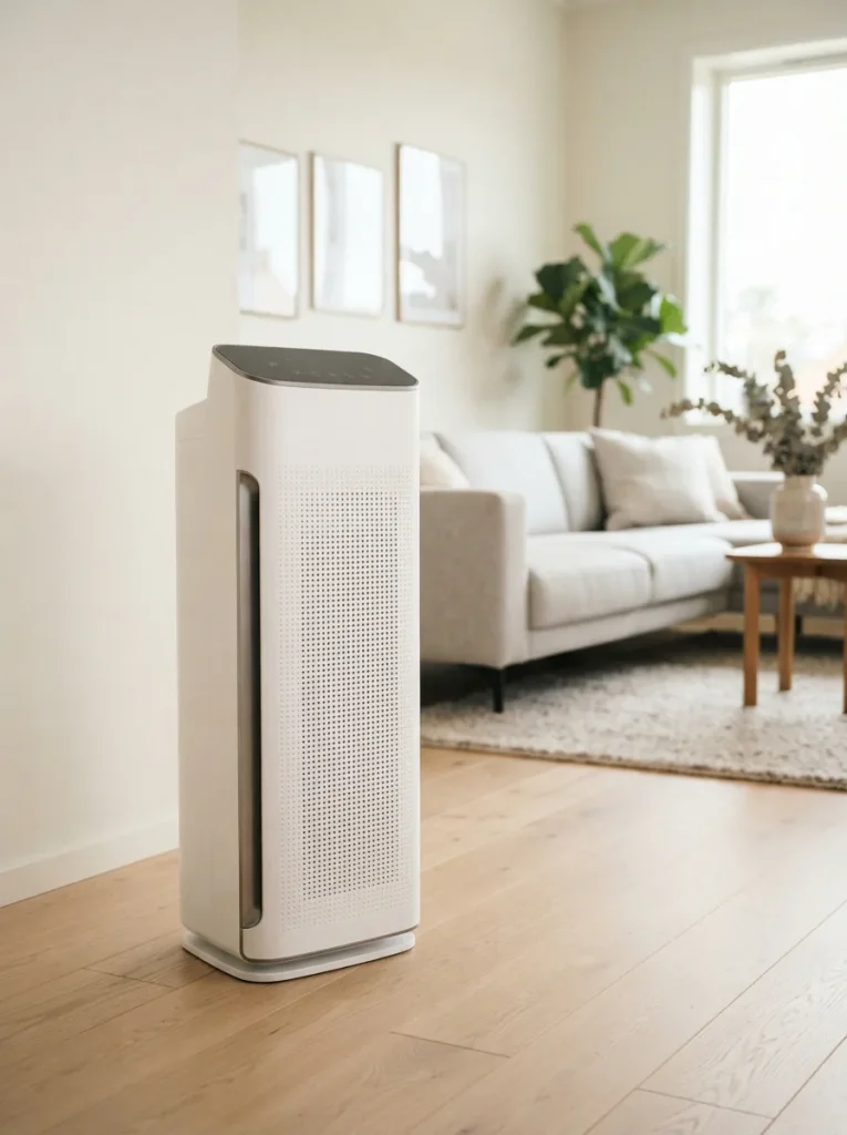 Winix Zero tower air purifier standing alone in a bright modern living room