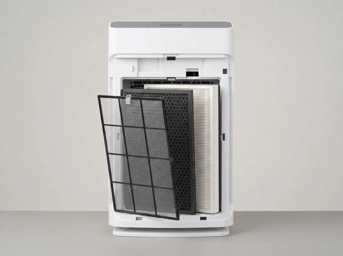 Winix 9800 air purifier with its back panel open showing three stacked filter layers