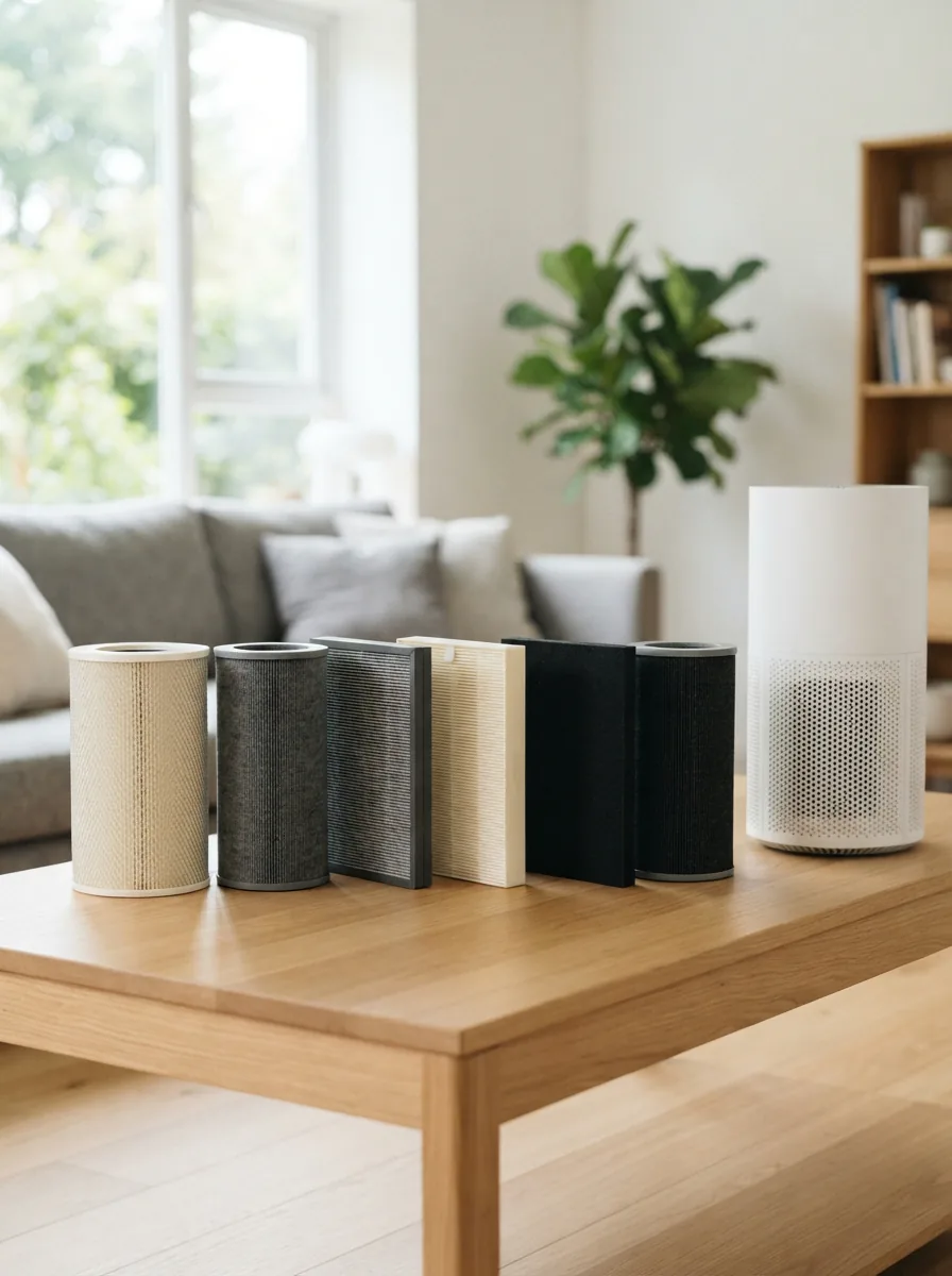 A row of unbranded replacement air purifier filters in several sizes on a light oak table with a living room behind