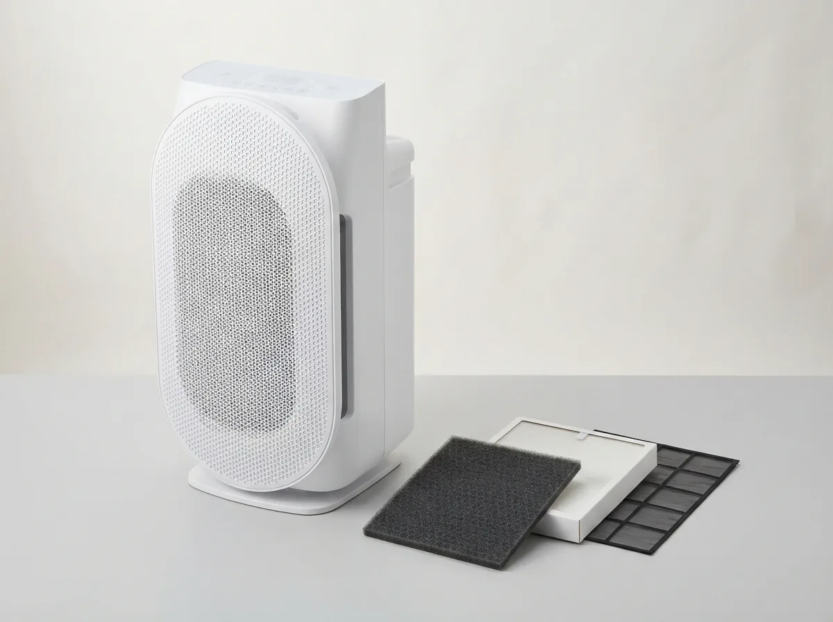 Winix C909 air purifier shown at a three-quarter angle with its filter stack visible beside the unit