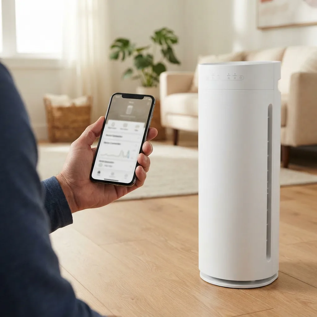 Adult hand holding a smartphone next to a Winix AM90 air purifier during WiFi setup