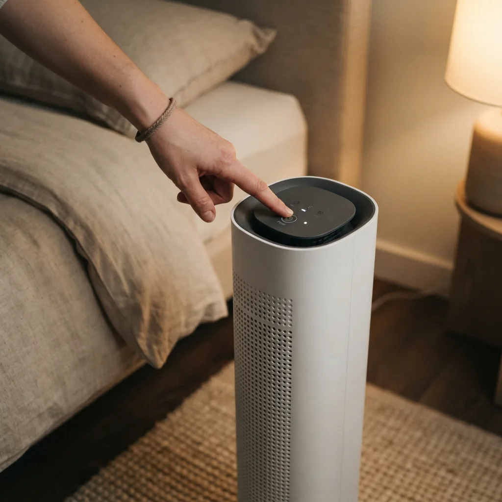 An adult's hand pressing the control button on a Winix D480 air purifier beside a bed at night