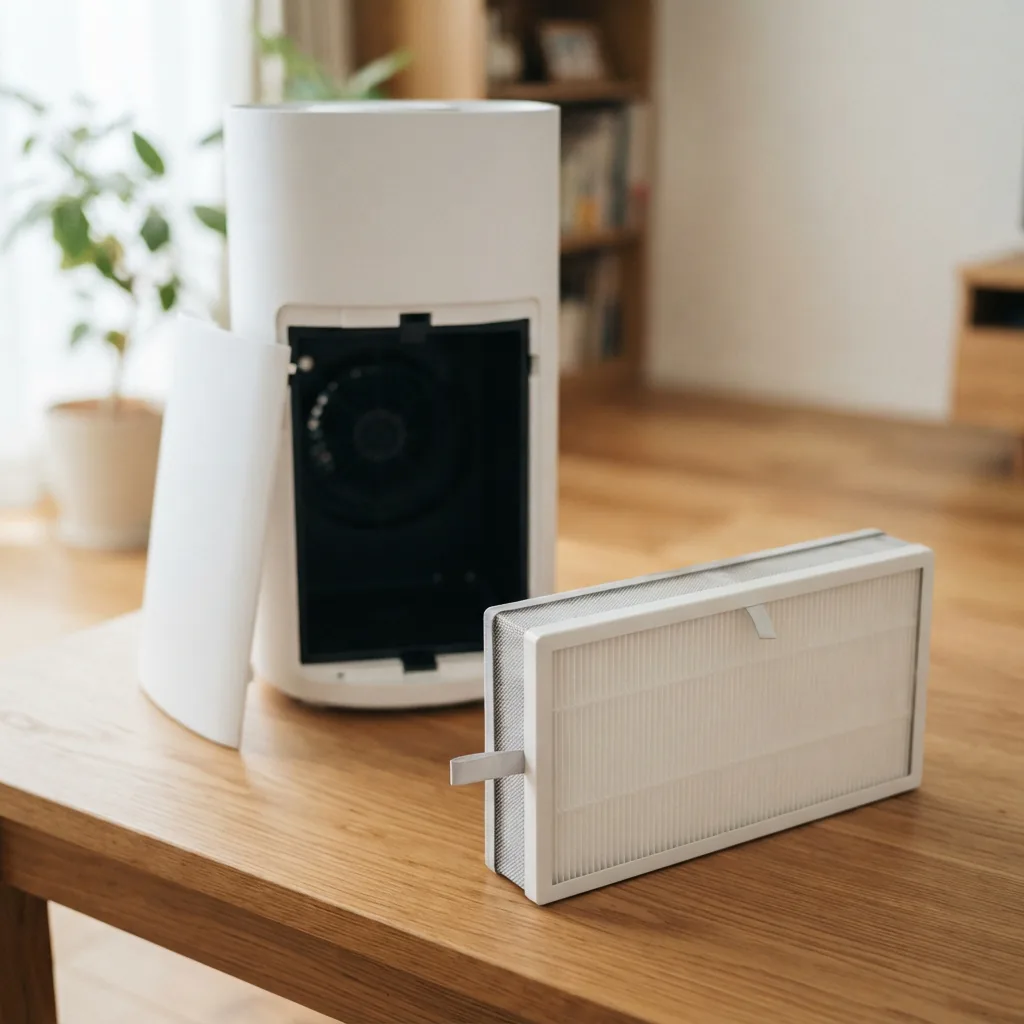A replacement filter cartridge resting beside the open filter compartment of a home air purifier