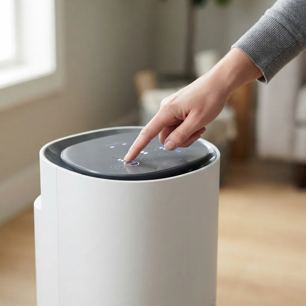One adult hand pressing the auto mode button on the Winix Zero control panel