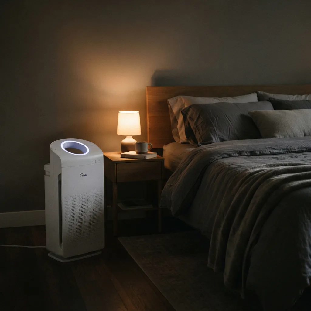 Winix C610 air purifier running at night with a faint glow beside a neatly made bed