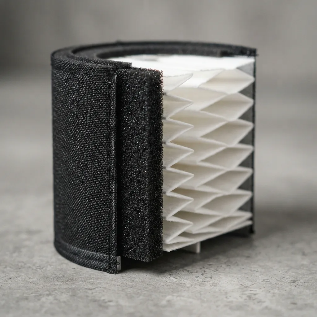 Cross-section of an air purifier filter showing mesh pre-filter, black carbon layer and white pleated media