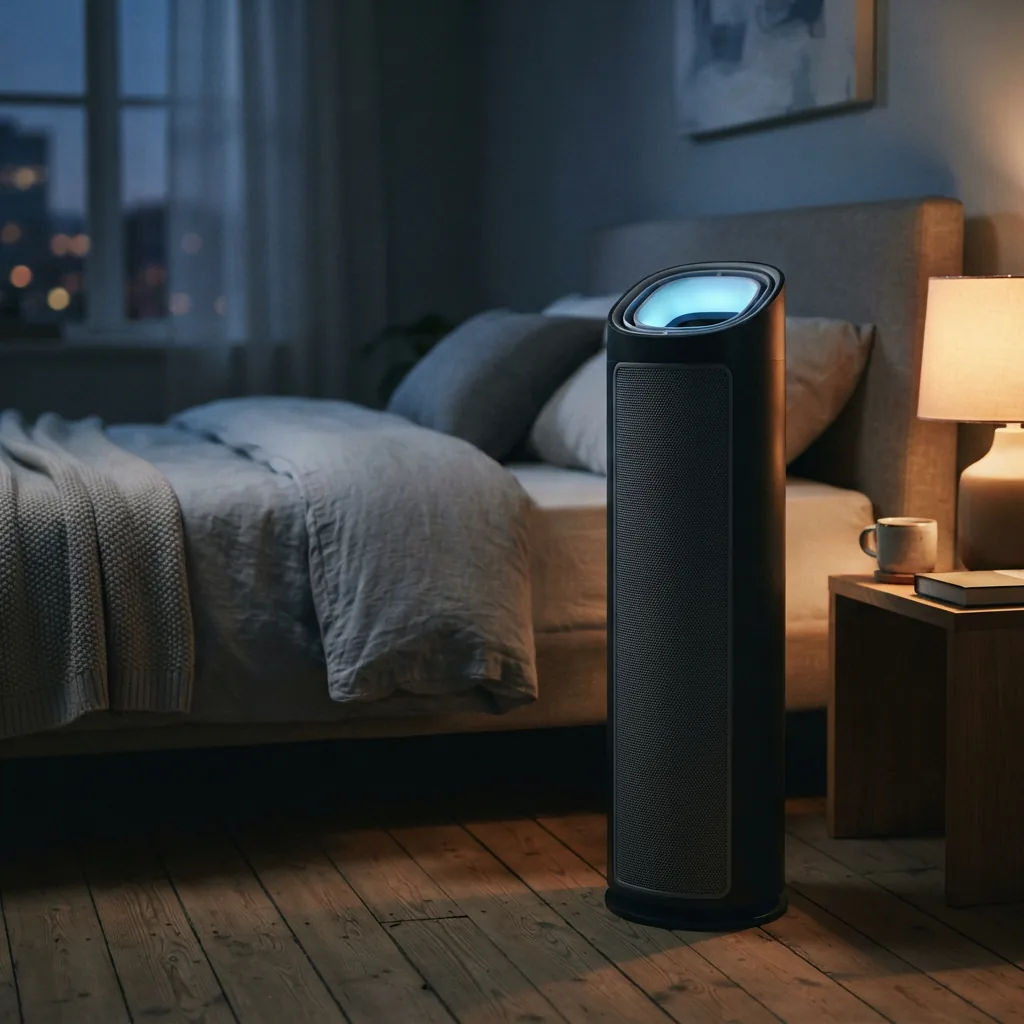 Winix purifier emitting a soft blue glow in a dim bedroom