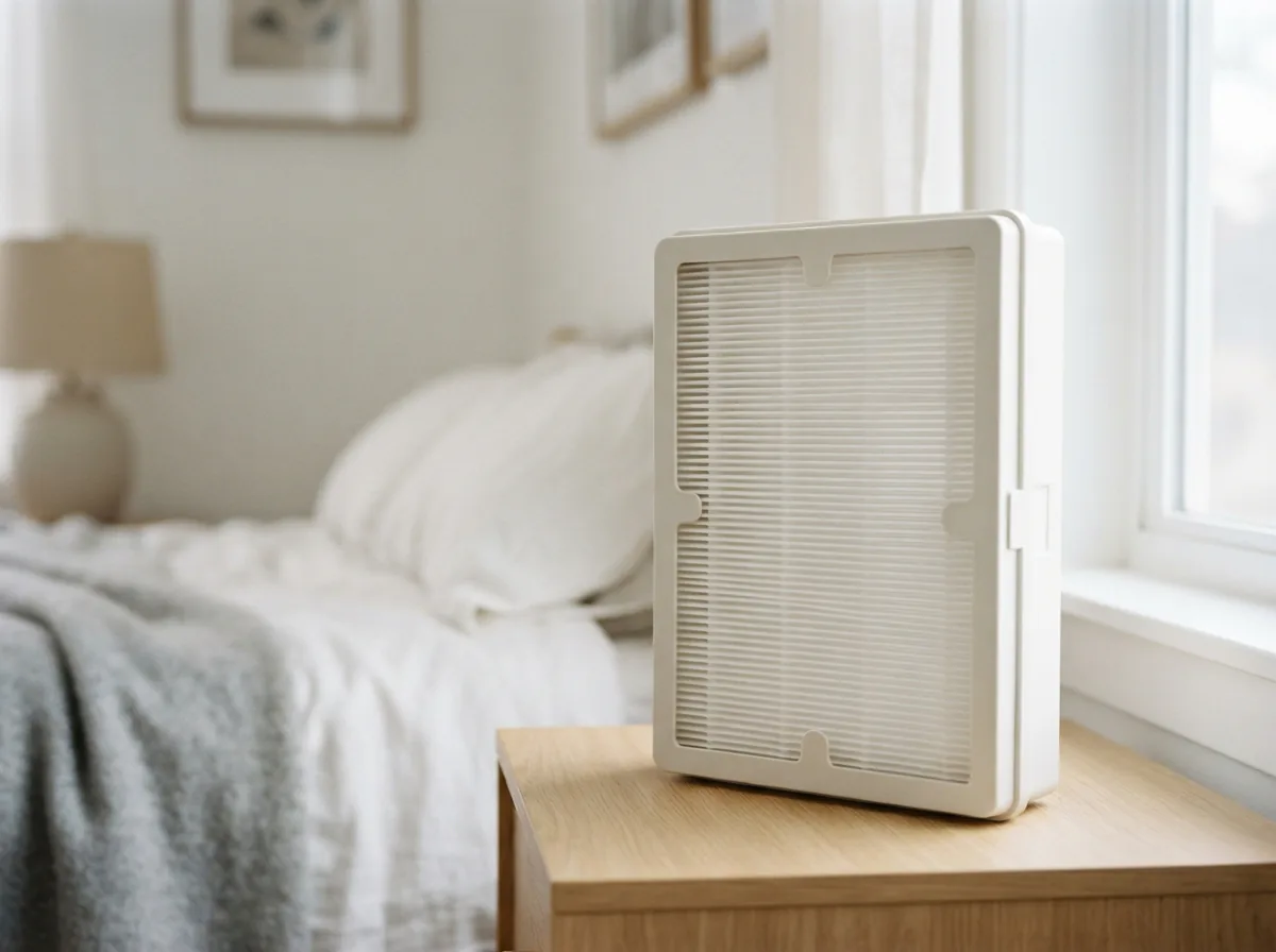 Winix Filter A AllergenGuard replacement filter standing on a bedside table in a bright bedroom