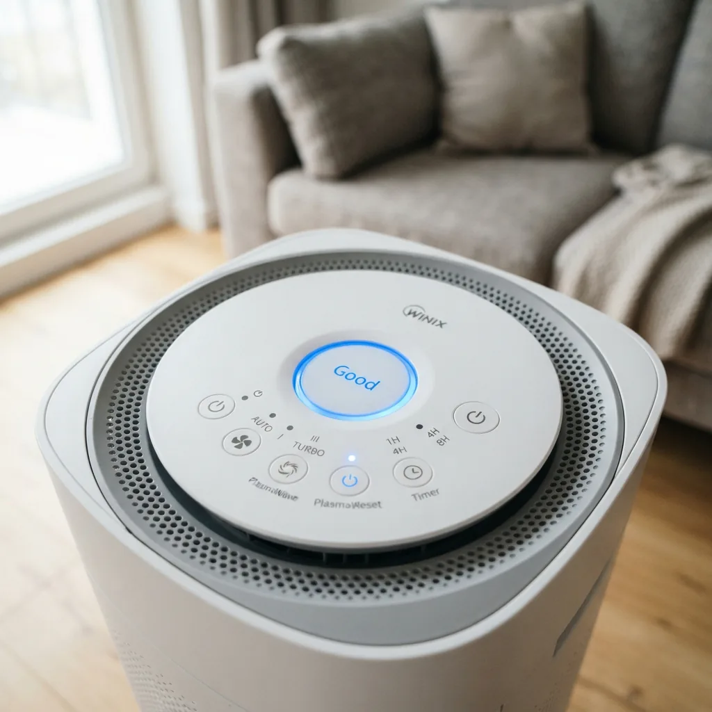 Close view of the Winix C909 control panel with the air quality indicator lit in a living room