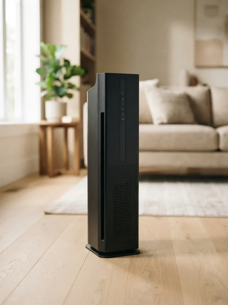 Winix 5510 black tower air purifier standing alone on a pale oak floor in a bright modern living room