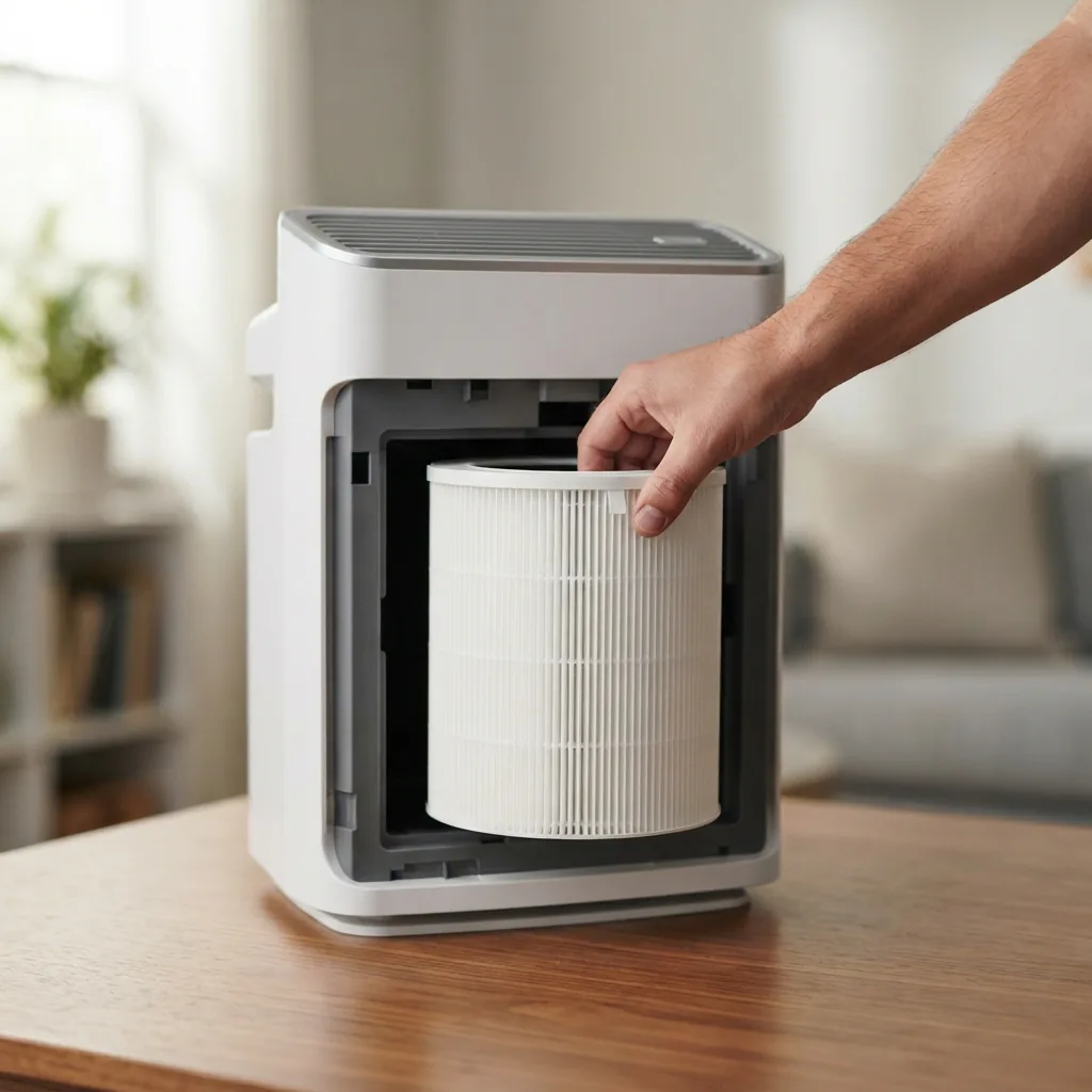 One adult hand sliding a new Winix Filter Z canister into the open body of a Winix C610 air purifier