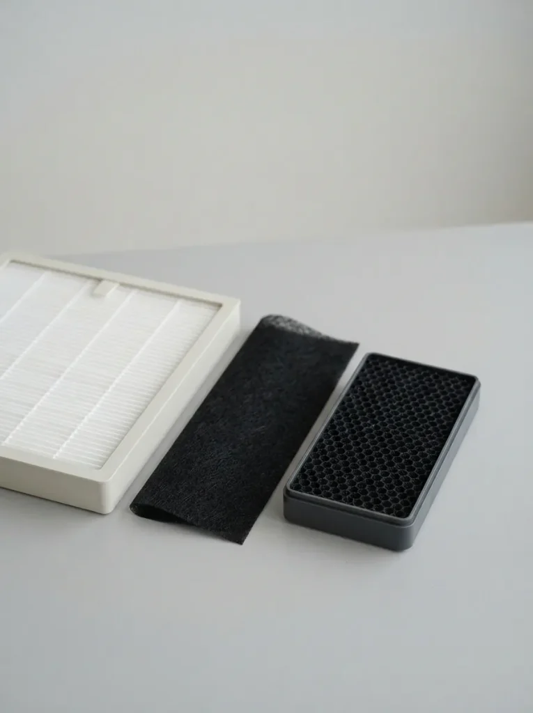 Flat lay of air purifier replacement filters on a light gray studio surface: a white pleated HEPA filter, a thin black carbon prefilter and a black carbon filter block.