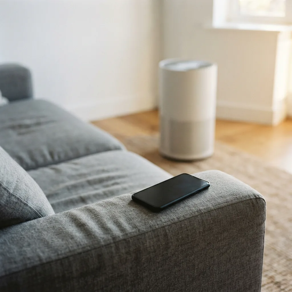 A phone resting on a sofa arm beside a running Winix air purifier