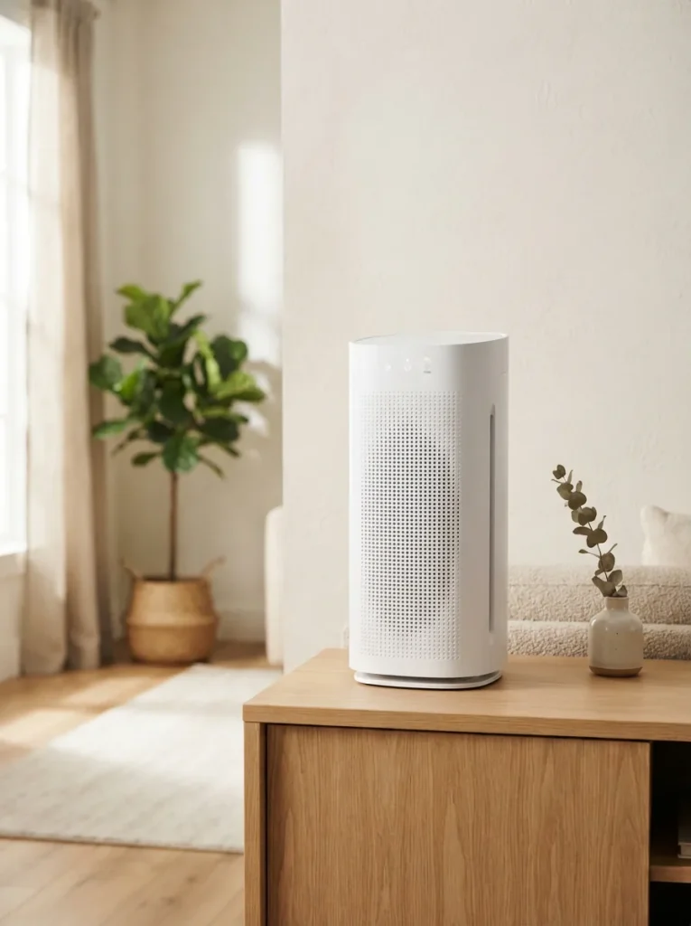 Winix A231 air purifier standing alone on a console in a bright living room