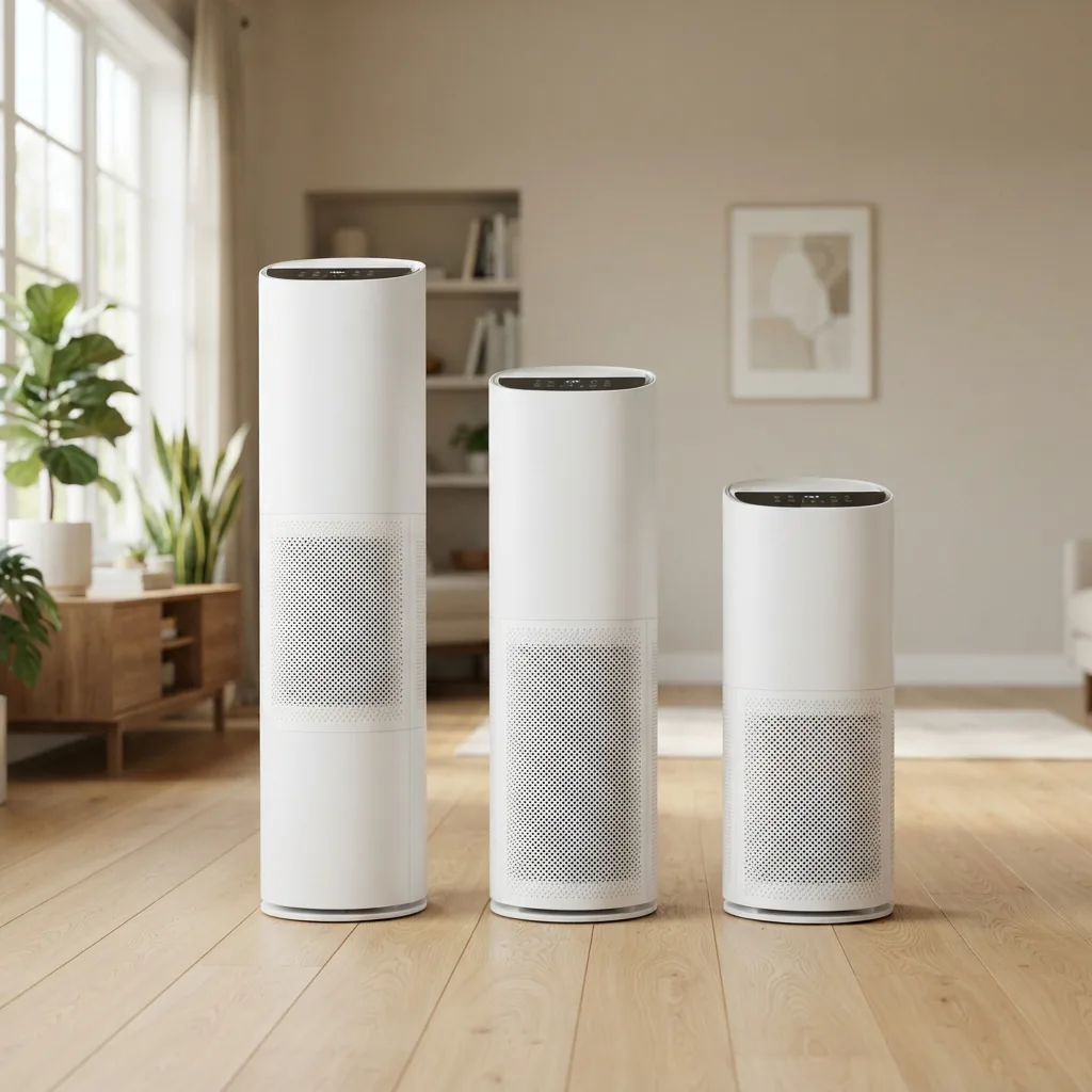 Side-by-side Winix air purifiers of different heights beside a floor plan sketch