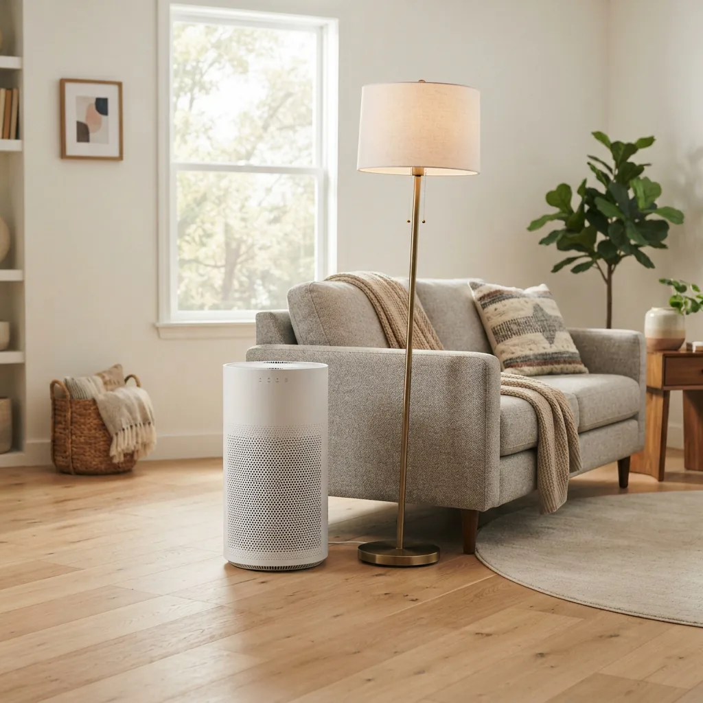 Air purifier standing beside a sofa to show room scale