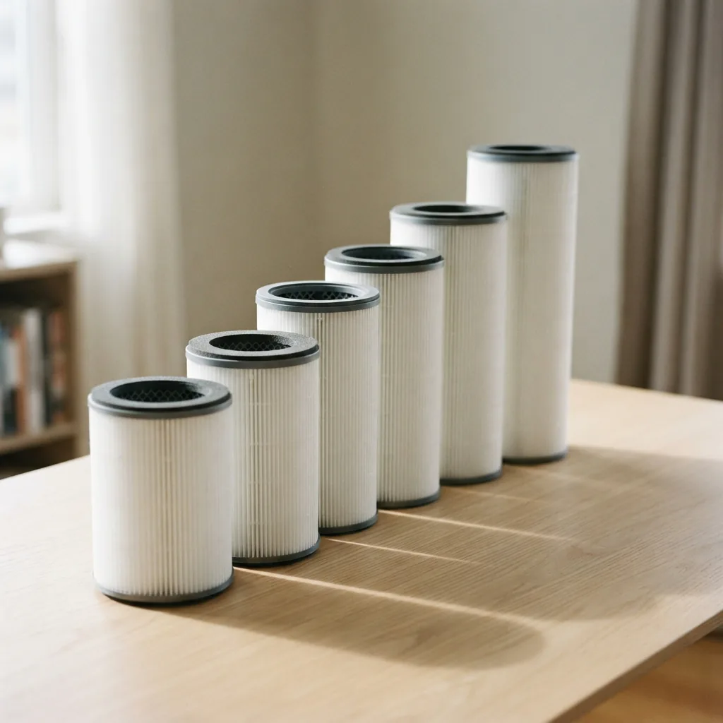 Six replacement air purifier filters lined up from shortest to tallest on a light table