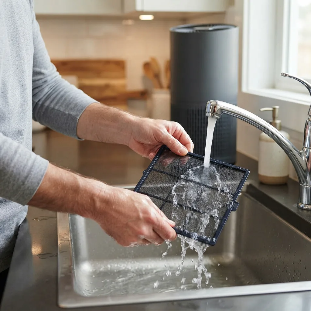 An adult's hands rinsing the Winix D480 fine mesh pre-filter under a kitchen sink faucet