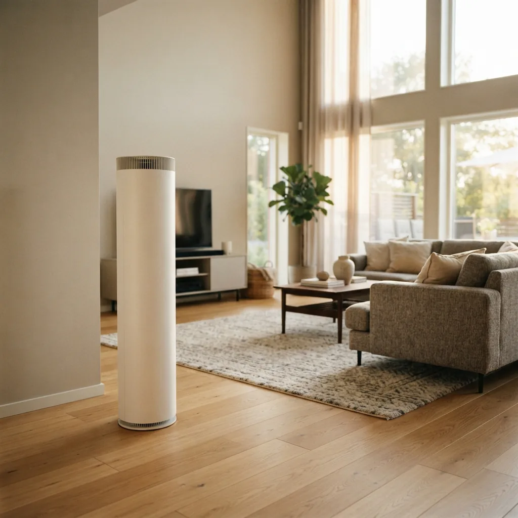 A tower air purifier running in a large open living room with sofa and windows behind it.