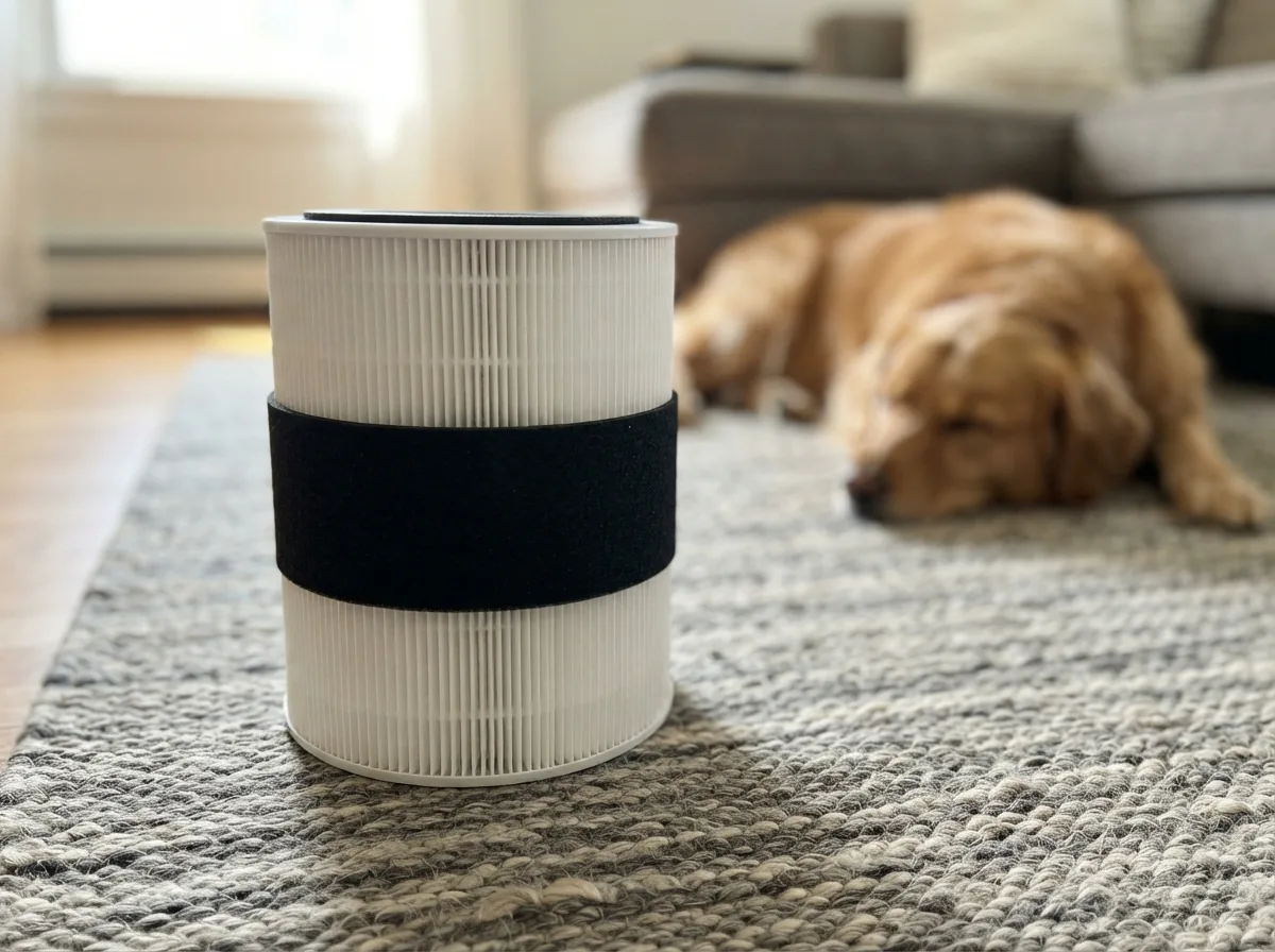 Winix C545 pet odor and dander filter with a dog resting blurred behind it on a wool rug