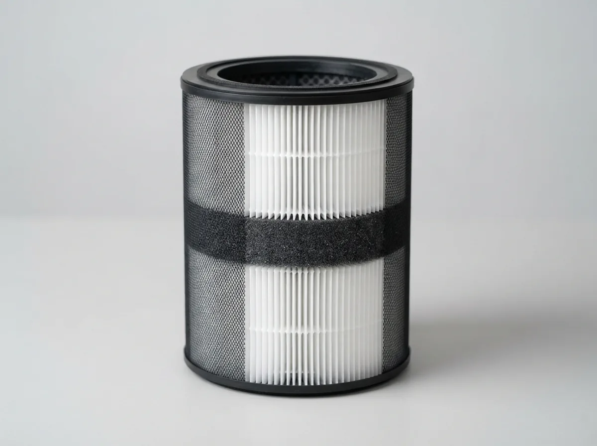 Close-up of the Winix Filter Z canister showing the fine mesh pre-filter ring, white pleated True HEPA media and dark activated carbon layer