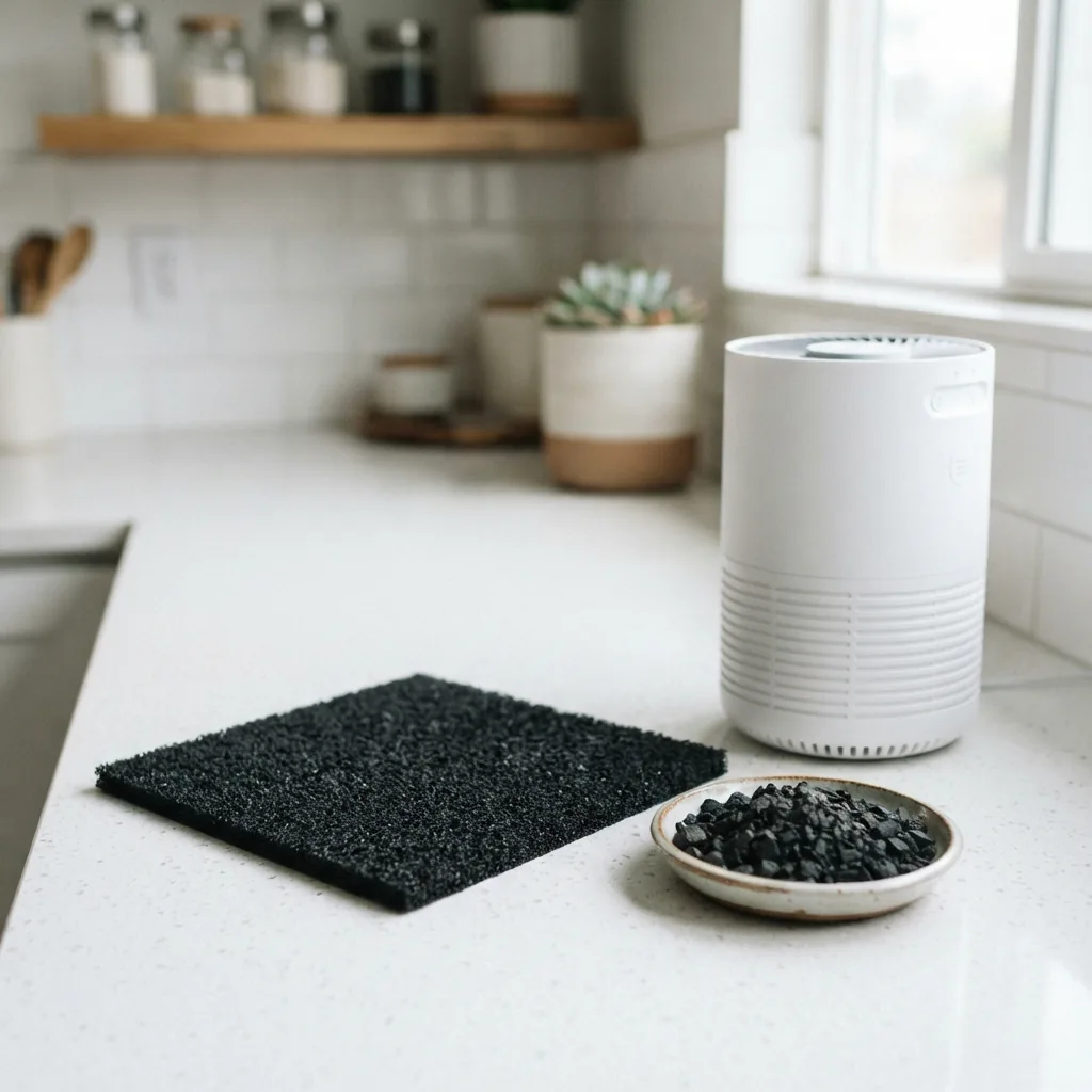 Black activated carbon filter sheet and charcoal granules beside a low white purifier in a kitchen