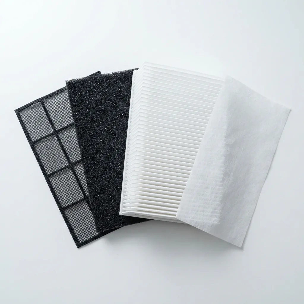 An exploded view of a replacement filter showing pre-filter, carbon layer, pleated HEPA media and a thin guard layer separated slightly