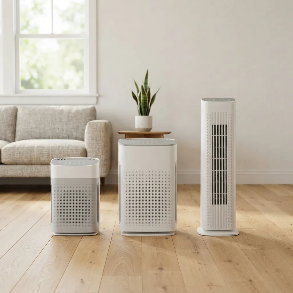 Side-by-side Winix air purifiers of different heights in a living room