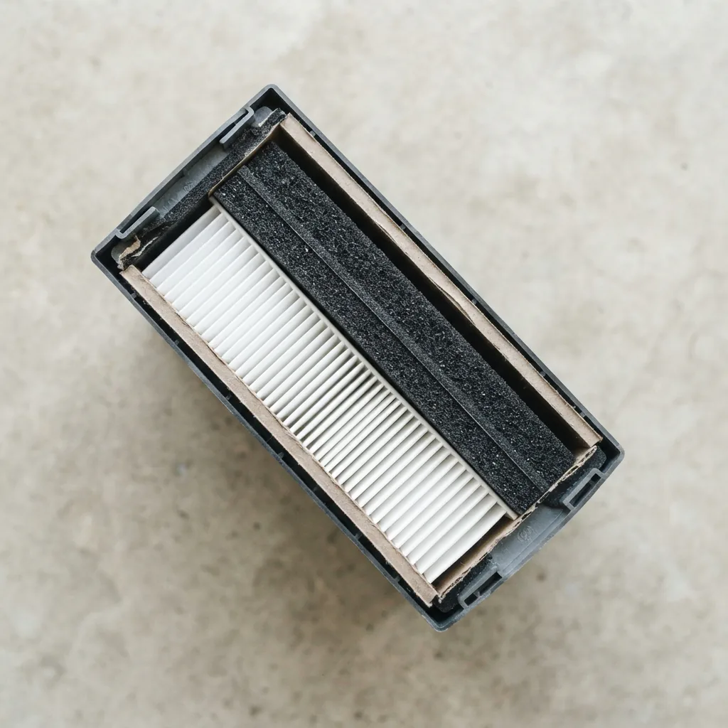 Layered filter media showing a pleated HEPA sheet and a dark carbon layer
