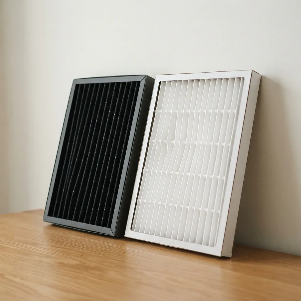 A pleated white filter and a black carbon filter leaning together against a plain wall on a wooden table.