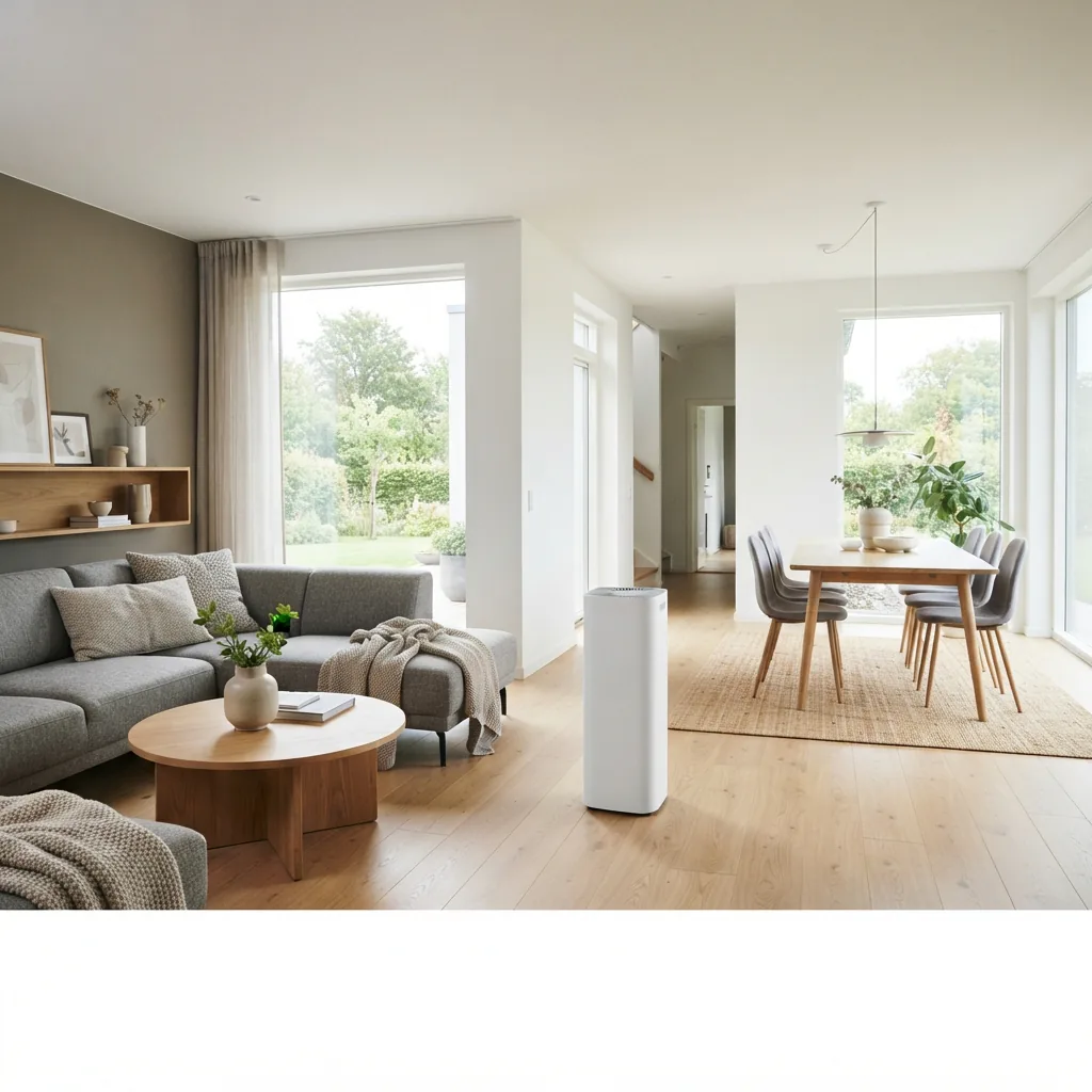 An open-plan living and dining area with one air purifier placed centrally