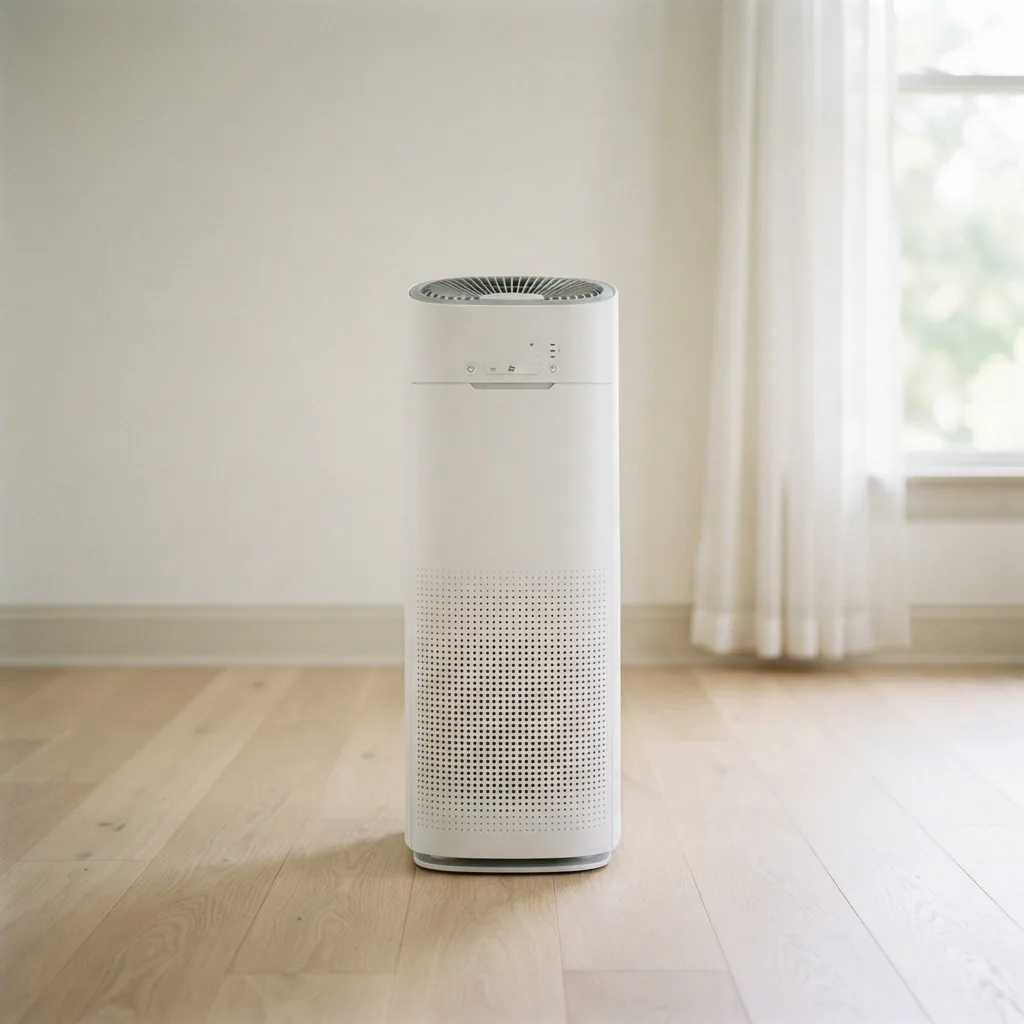 Winix C535 air purifier placed on a hard floor with open space around it near a window