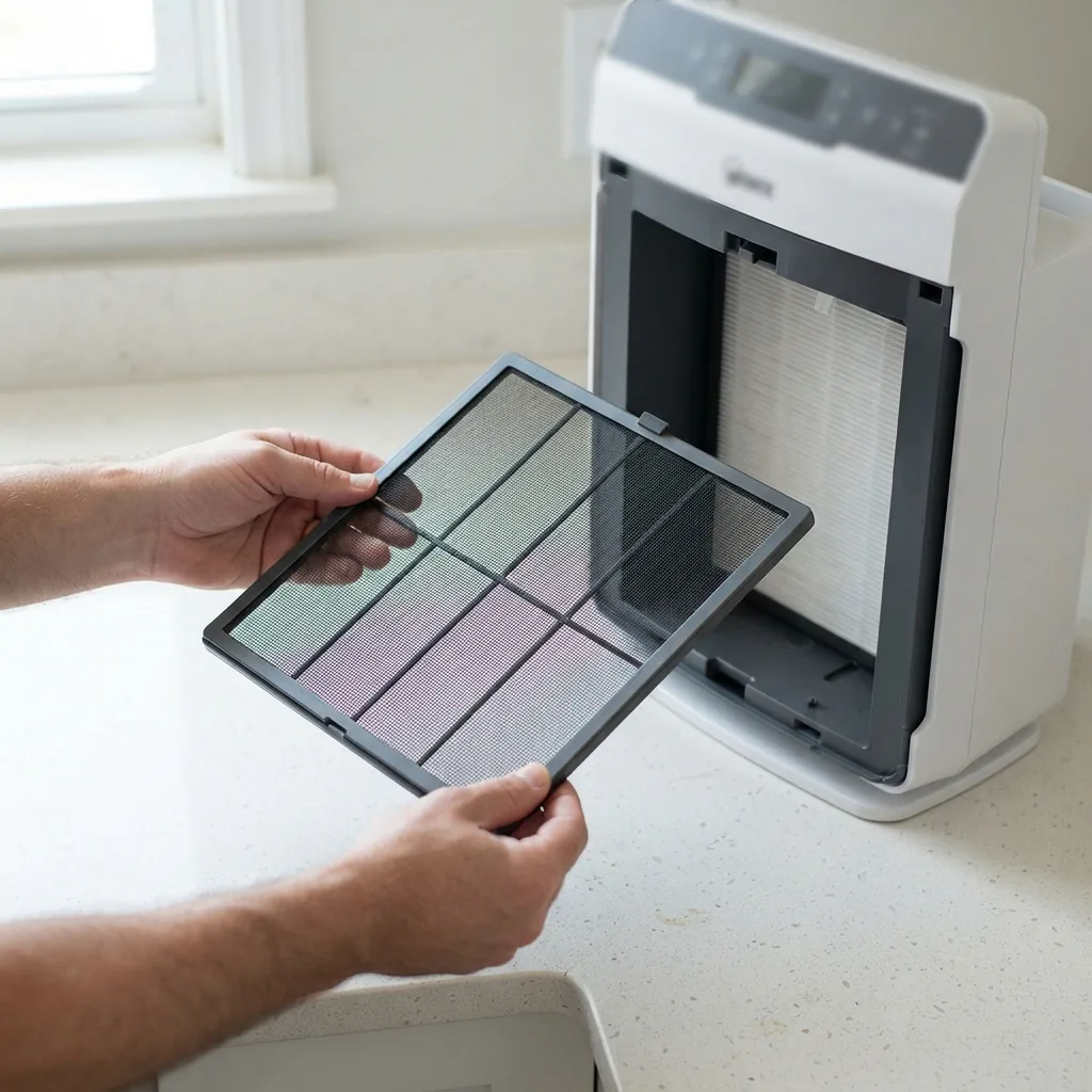 Hands holding the washable fine mesh pre-filter beside an open Winix 5520 air purifier