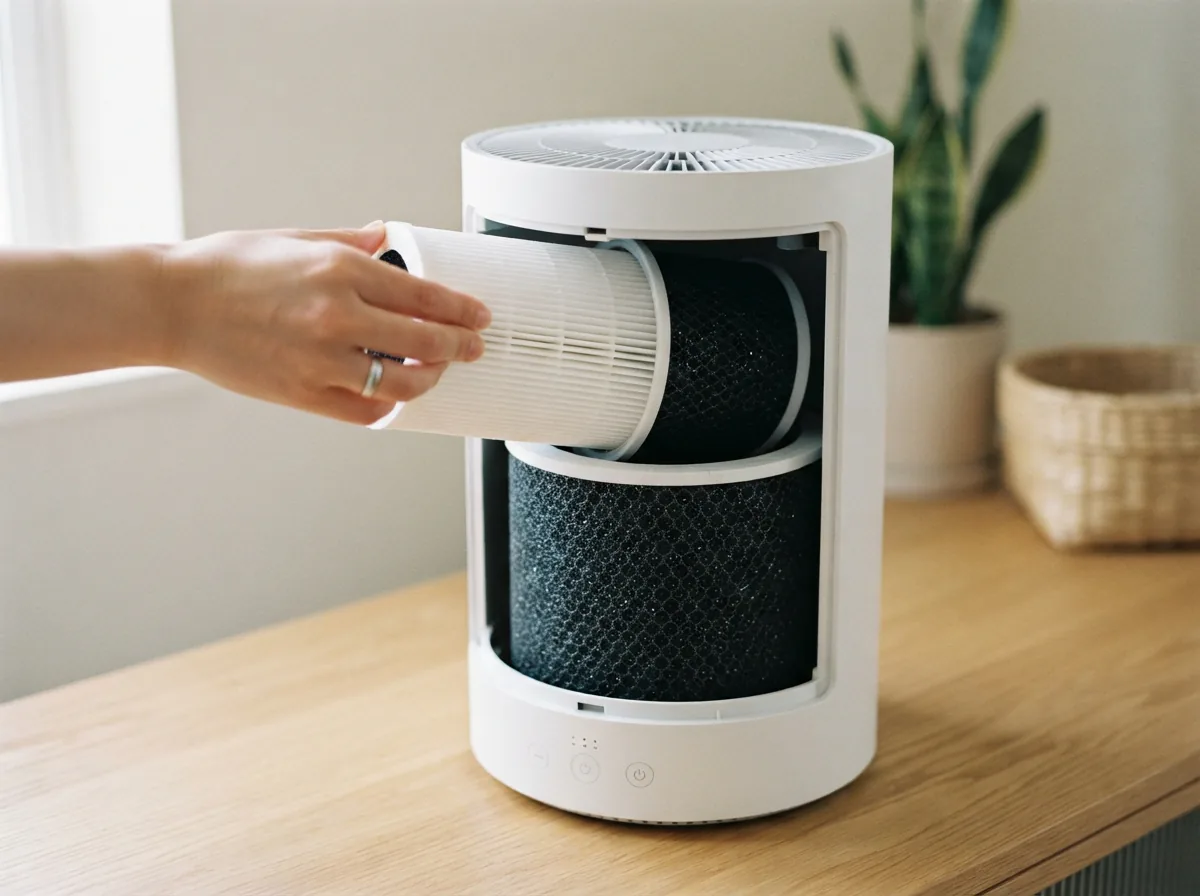 A white pleated filter with a black carbon layer sliding into the open filter chamber of an air purifier.