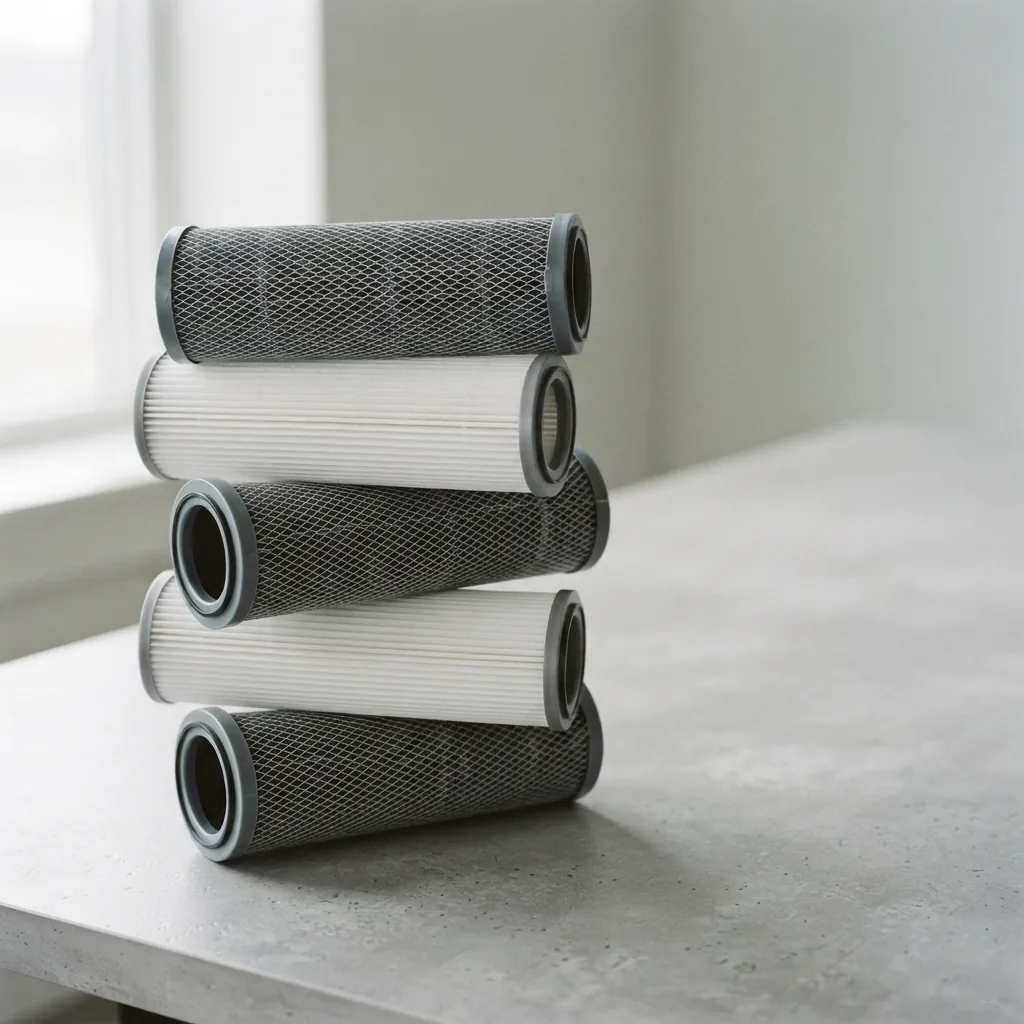Several replacement air filter cartridges stacked in a small pile on a table suggesting budget comparison