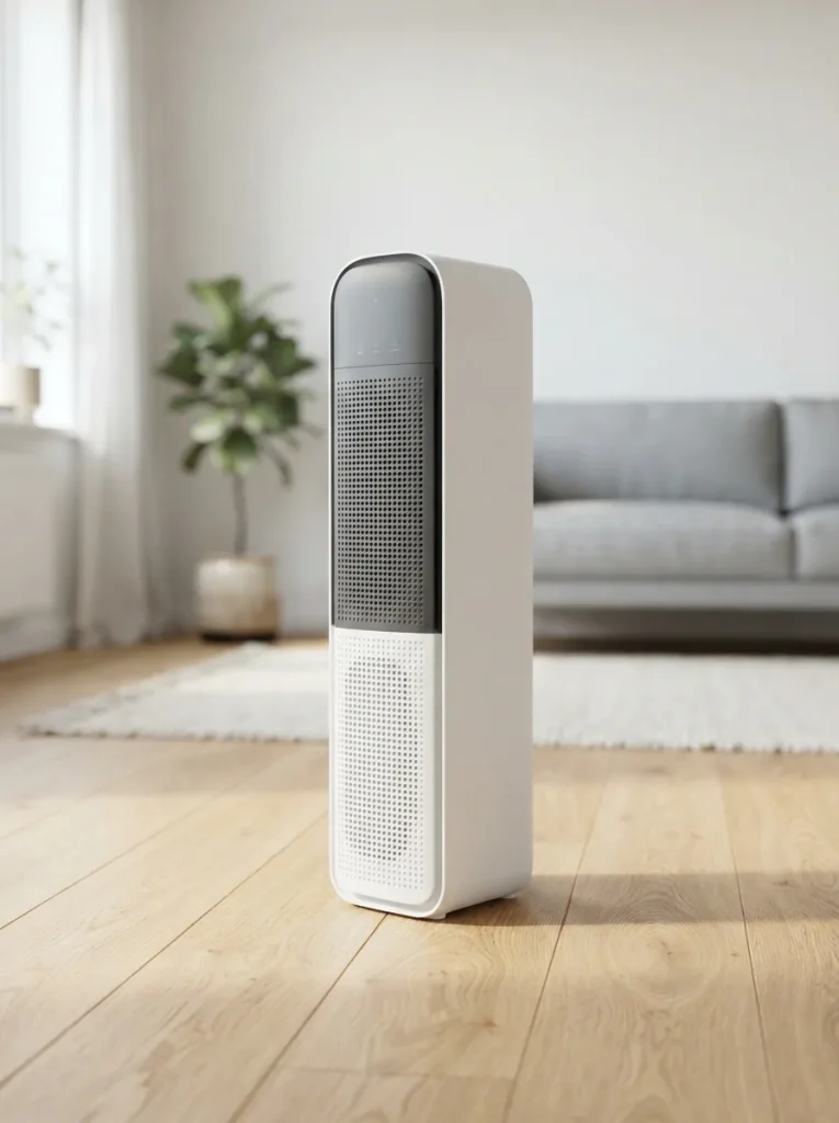 Winix D480 3-stage tower air purifier standing on a light wood floor in a bright modern living room