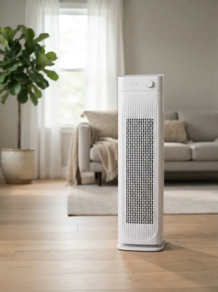 Winix C909 tall white tower air purifier standing alone in a bright modern living room