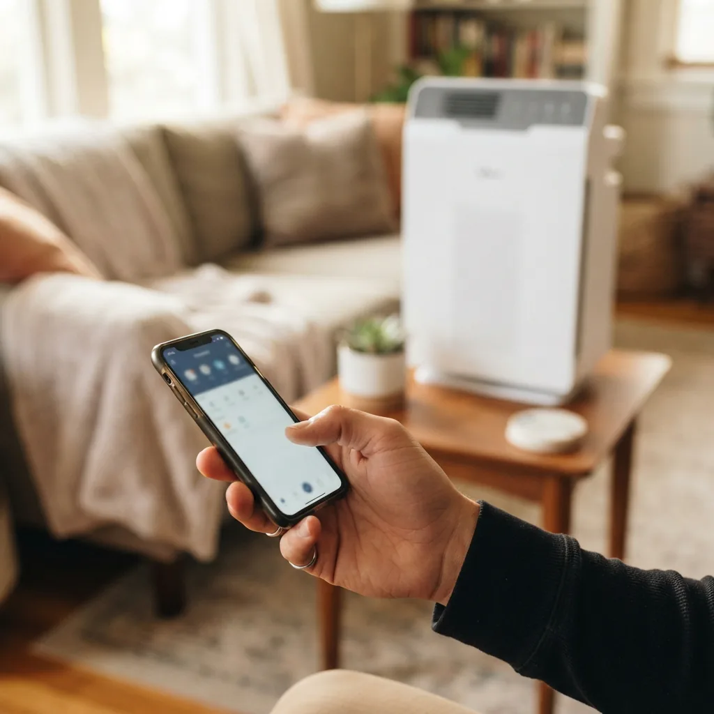 An adult hand holding a smartphone near a Winix C610 air purifier to change its mode